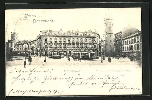 AK Darmstadt, Ludwigsplatz mit mehreren Strassenbahnen