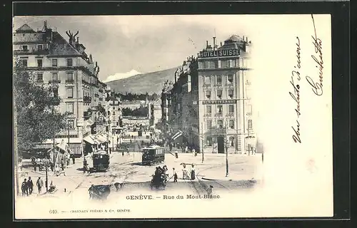 AK Geneve, Rue du Mont-Blanc, Strassenbahn