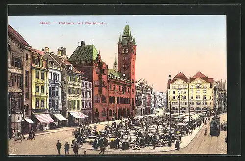 AK Basel, Rathaus mit Marktplatz, Strassenbahn