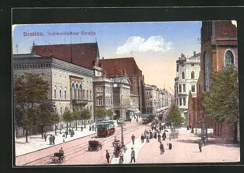 AK Breslau, Schweidnitzer Strasse mit Strassenbahn und Passanten