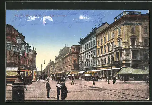 AK Budapest, Strassenkreuzung mit Strassenbahnen