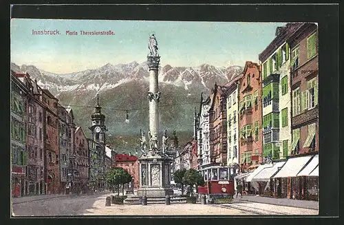 AK Innsbruck, Maria Theresienstrasse mit vorbeifahrender Strassenbahn