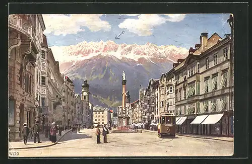 AK Innsbruck, Maria Theresiastrasse, Strassenbahnen im Stadtbild