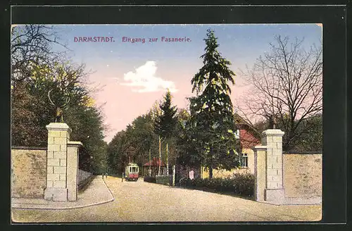 AK Darmstadt, Eingang zur Fasanerie mit Strassenbahn