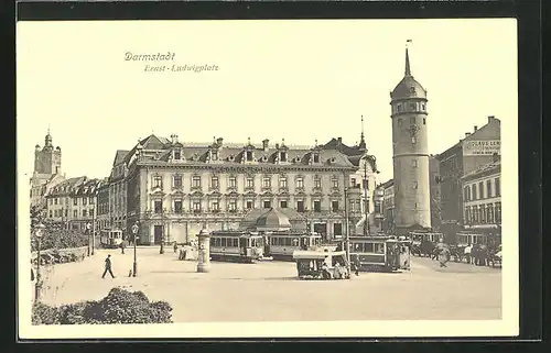 AK Darmstadt, Ernst-Ludwigplatz mit vielen Strassenbahnen