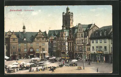 AK Darmstadt, Marktplatz mit Strassenbahn