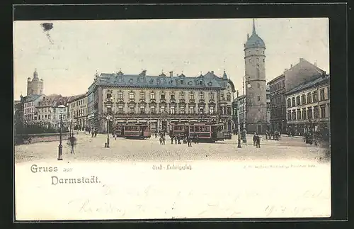 AK Darmstadt, Ludwigsplatz mit Strassenbahnen