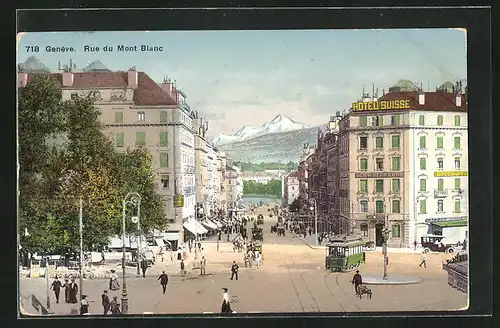 AK Geneve, Blick auf den Mont-Blanc und Strassenbahn