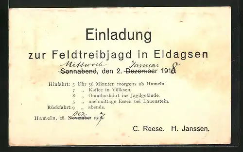 AK Eldagsen, Jagdeinladung von C. Reese u. H. Janssen