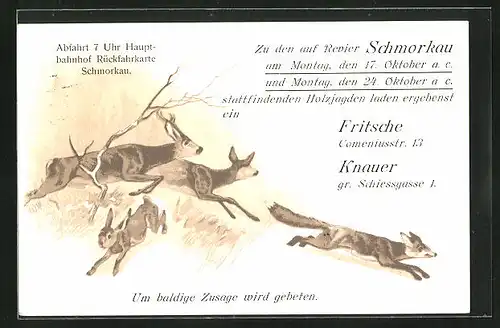 Lithographie Schmorkau, Jagdeinladung von Fritsche und Knauer