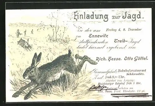 Lithographie Schkeuditz, Jagdeinladung von Rich. Hesse & Otto Göttel