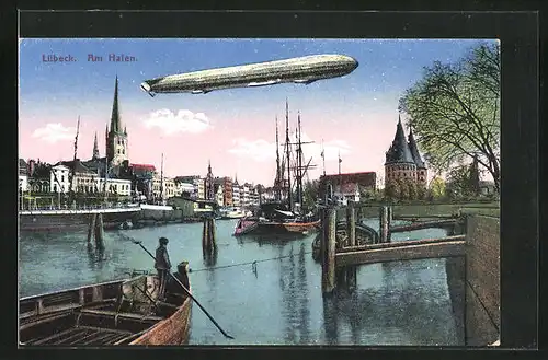 AK Lübeck, Hafenpartie mit Zeppelin