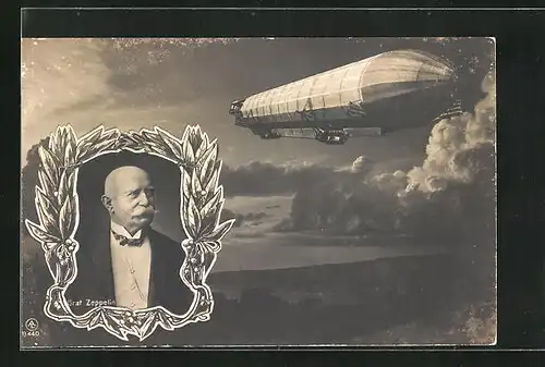 AK Portrait Graf Zeppelin im Anzug, Luftschiff in den Wolken