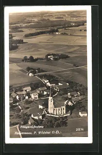 AK Haigermoos, Fliegeraufnahme des Ortes mit Kirche