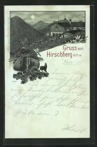 Mondschein-Lithographie Hirschberg, Gäste und Besucher vor der Berghütte im Gebirge, Jägerutensilien