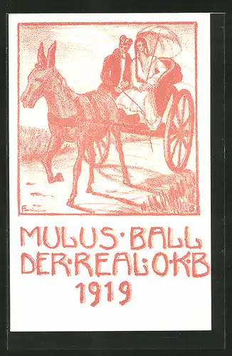 Künstler-AK Bern, Mulus Ball der Real-O.K.B. 1919, romantische Kutschfahrt eines Studentenpaares