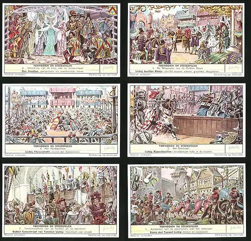 6 Sammelbilder Liebig, Serie Nr. 1682: Tornooien en Steekspelen, Ritter, Einzug, Turnier, König, Hochzeit