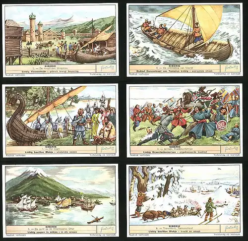 6 Sammelbilder Liebig, Serie Nr. 1676: Siberie, Burg, Schiff, Bär, Sturm, Ritter, Bogen, Schlacht