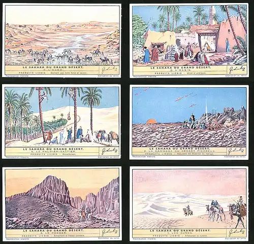 6 Sammelbilder Liebig, Serie Nr. 1453: La Sahara ou Grand Désert, Les Dunes, Le Hoggar, Le Palmier-Dattier, L`Oasis