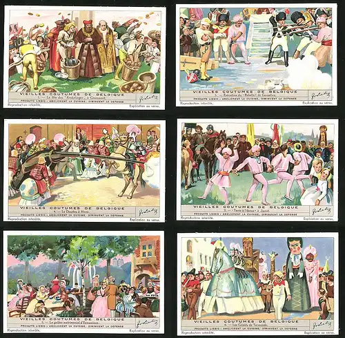 6 Sammelbilder Liebig, Serie Nr. 1366: Vieilles coutumes de Belgique, Le Doudou á Mons, Schiessen, Tanzen