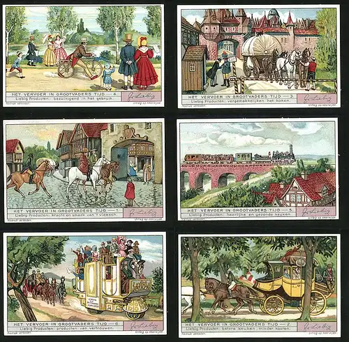 6 Sammelbilder Liebig, Serie Nr. 1312: Het Vervoer in Grootvaders Tijd, Pferdekutsche, Dampflok, Pferde, Fahrrad