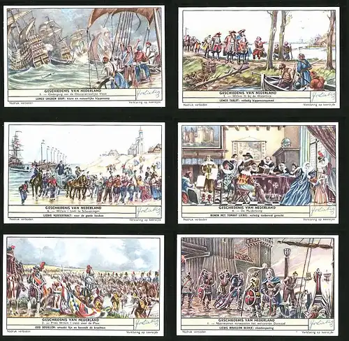 6 Sammelbilder Liebig, Serie Nr. 1657: Geschiedenis van Nederland, Prins Willem, De Muiderkring, Wilhelm I., Willem III