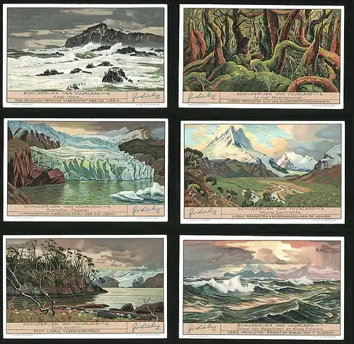 6 Sammelbilder Liebig, Serie Nr. 1324: Schilderijen van Vuurland, Fjord Agostini, Monte Sarmiento, Gletscher Pagels