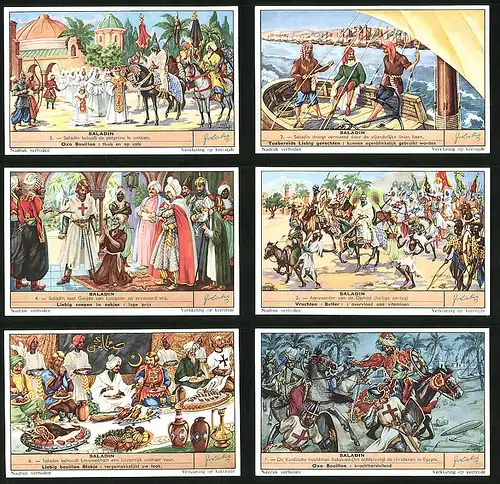 6 Sammelbilder Liebig, Serie Nr. 1675: Saladin, Ritter, Essen, König, Schiff, Priester