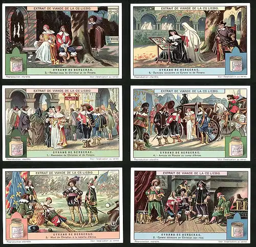 6 Sammelbilder Liebig, Serie Nr. 1191: Cyrano de Bergerac, Christian, Arrivée de Roxane au camp d`Arras