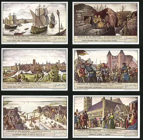 6 Sammelbilder Liebig, Serie Nr. 1523: L`Histoire de nos Provinces-Flandre occidentale, L`Invasion de Damme en 1213