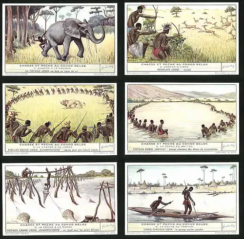 6 Sammelbilder Liebig, Serie Nr. 1534: Chasse et peche au Congo Belge, Elefant, Rehböcke, Fischer, Löwe, Bogen