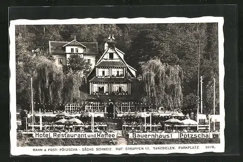 AK Pötzscha in der Sächs. Schweiz, Hotel Restaurant und Kaffee Bauernhäusl, die Aussenanlagen