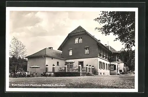 AK Pforzheim, am Wald-Restaurant Forsthaus Seehaus, an der Terrasse