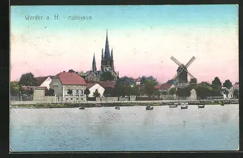 AK Werder a.d. H., Blick von der Havel auf die Stadt und die Windmühle