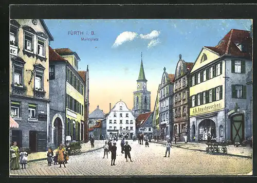 AK Fürth i. B., Mädchen und Jungen auf dem Marktplatz, Blick zum Kirchturm