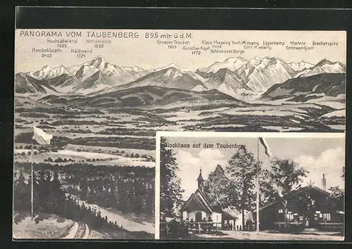 AK Warngau, Landschaftsblick mit Gebirgsblick vom Taubenberg aus, das Gasthaus Blockhaus auf dem TGaubenberg