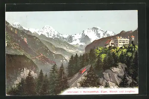 AK Interlaken, Bergbahn mit Heimwehfluh, Eiger, Mönch und Jungfrau