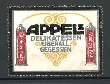 Reklamemarke Appel's Delikatesse werden überall gegessen, Ansicht zweier Tuben mit Anchovy-Paste