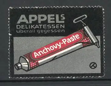 Reklamemarke Appel's Delikatessen werden überall gegessen, Ansicht einer Anchovy-Paste