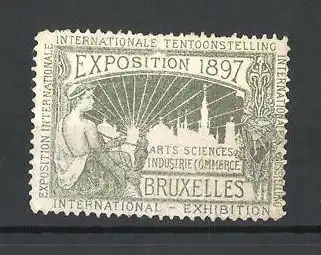 Reklamemarke Bruxelles, Internationale Tentoonstelling 1897, Göttin mit Spinnrad am Stadtrand