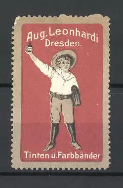 Reklamemarke Tinten und Farbbänder von Aug. Leonhardi, Dresden, Schuljunge mit Tintenglas