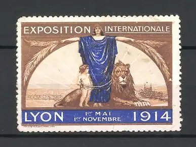 Reklamemarke Lyon, Exposition Internationale 1914, Engel, Göttin und Löwe am Stadtrand