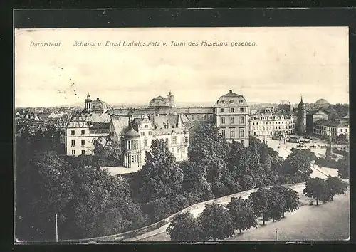 AK Darmstadt, Schloss und Ernst-Ludwigs-Platz vom Turm des Museums gesehen