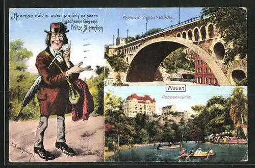 AK Plauen i. V., Friedrich August-Brücke, Poppenmühle, Fritze Bliemchen