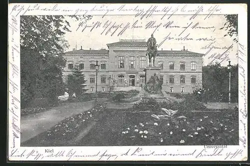 AK Kiel, Universität vom Park mit Denkmal gesehen