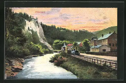 AK Rübeland / Harz, Ortspartie mit Bahngleisen im Gebirge