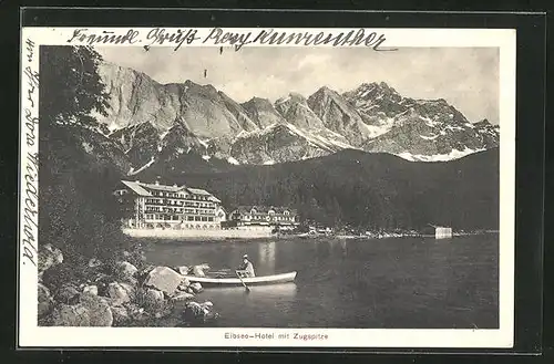 AK Grainau, Totale mit Eibsee-Hotel und Zugspite