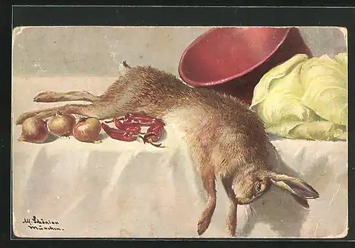 Künstler-AK Alfred Schönian: erlegter Hase zwischen Kohl und Zwiebeln auf einem Tisch liegend