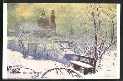 Künstler-AK Jaroslav Setelik: Prag, Nikolauskirche im Winterglanz