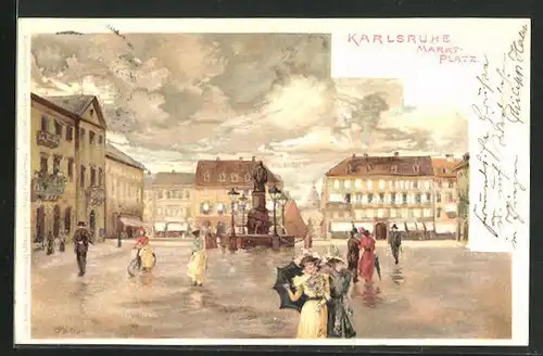 Künstler-AK Carl Münch: Karlsruhe, Marktplatz mit Passanten bei Regen